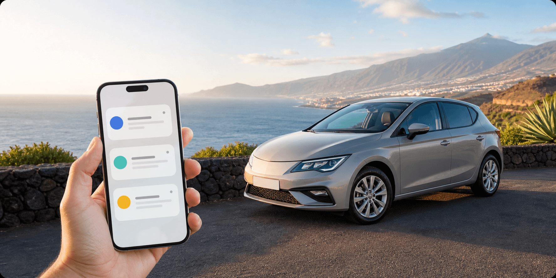 Coche moderno en un mirador costero de Tenerife con avisos de novedades en un teléfono